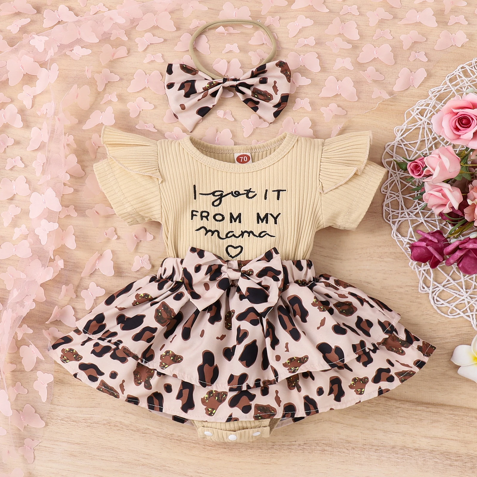 Infant Baby Girls Summer Fake 2pcs Romper Dress Short Sleeve Ruffle Decor Crew Neck Bow Front Patchwork Bodysuit Headband Outfit