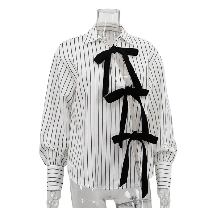 Talenza Women Striped Shirt Fashion Lapel Long Sleeve Hollow Bow Lace-up Cardigan Top 2025 New Chic High Street Printed Blouses