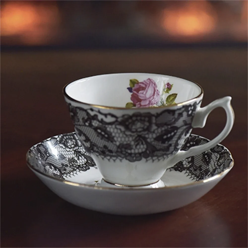 English Ceramic Coffee Cup And Saucer Afternoon Tea Black Lace Print Rose Kitchen Supplies Bone China Cup And Saucer Soup Plate