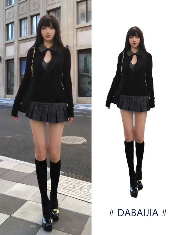 

American Retro Knitted Set High Waist Slim Fit Short Skirt Fake Two-Piece Shirt Casual Home Wear Spring New Style