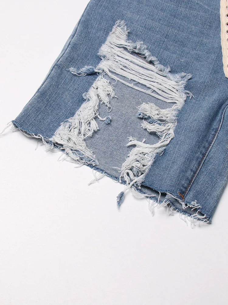 TWOTWINSTYLE Patchwork Ribbons Denim Shorts For Women High Waist Hollow Out Casual Streetwear Short Trousers Female Fashion 2022
