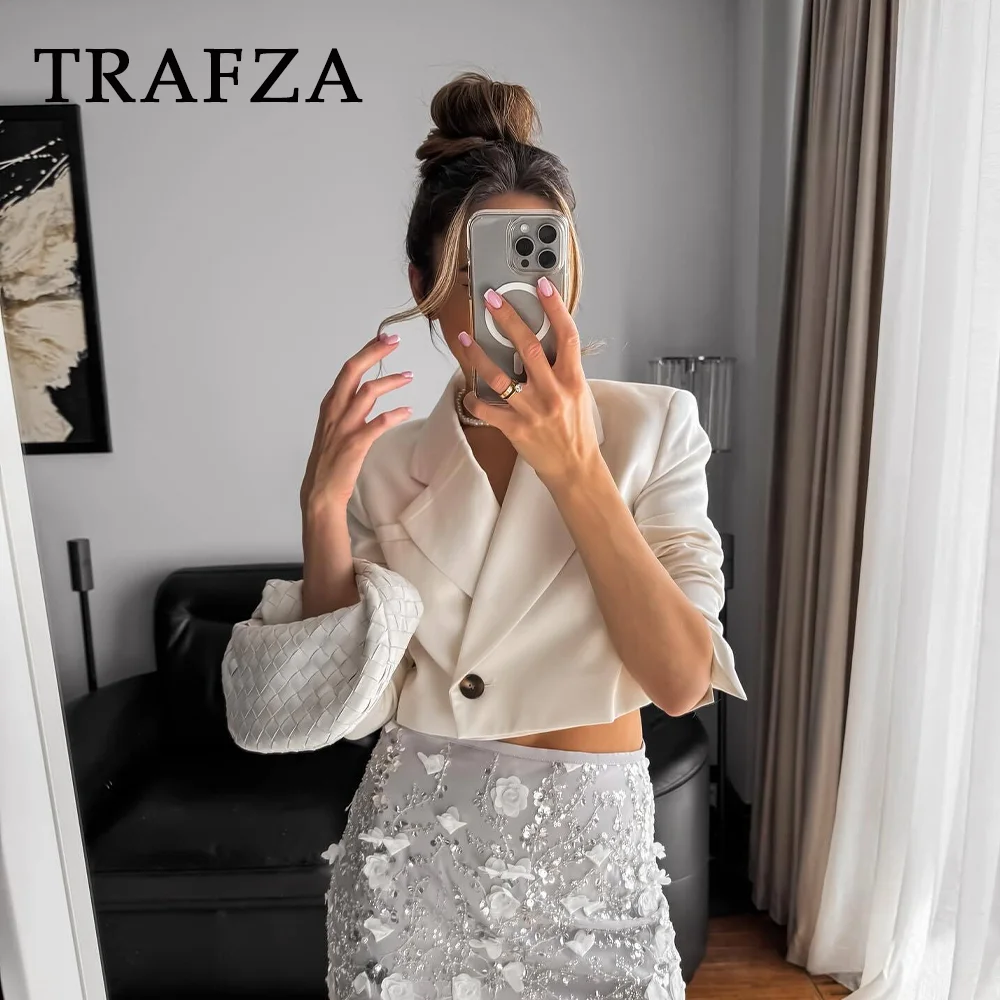 TRAFZA 2024 Wiosna Lato Biuro Lady Krótkie Marynarki Moda Casual Solidny Pojedynczy Guzik Wzruszenie ramion Eleganckie Szykowne Krótkie Kurtki