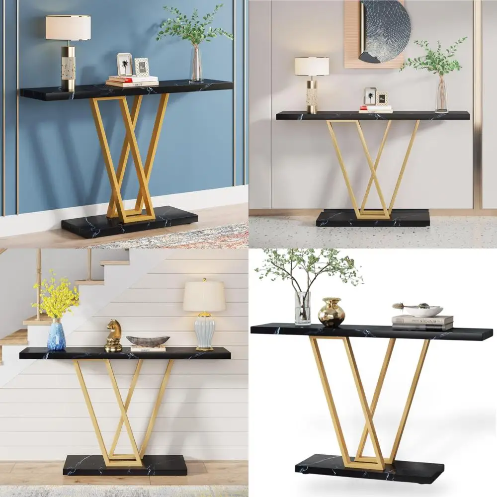 

Modern Faux Marble Console Table for Living Room, Entryway, and Sofa Area, Elegant Narrow Side Table in Black Finish