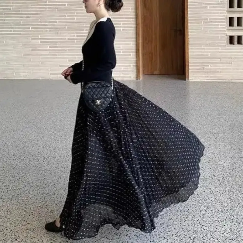 

Women's Clothing Korean Polka Dot Long Skirts Vintage High Waist Spring Summer Aura Basic A-Line Stylish Folds Elegant Skirts
