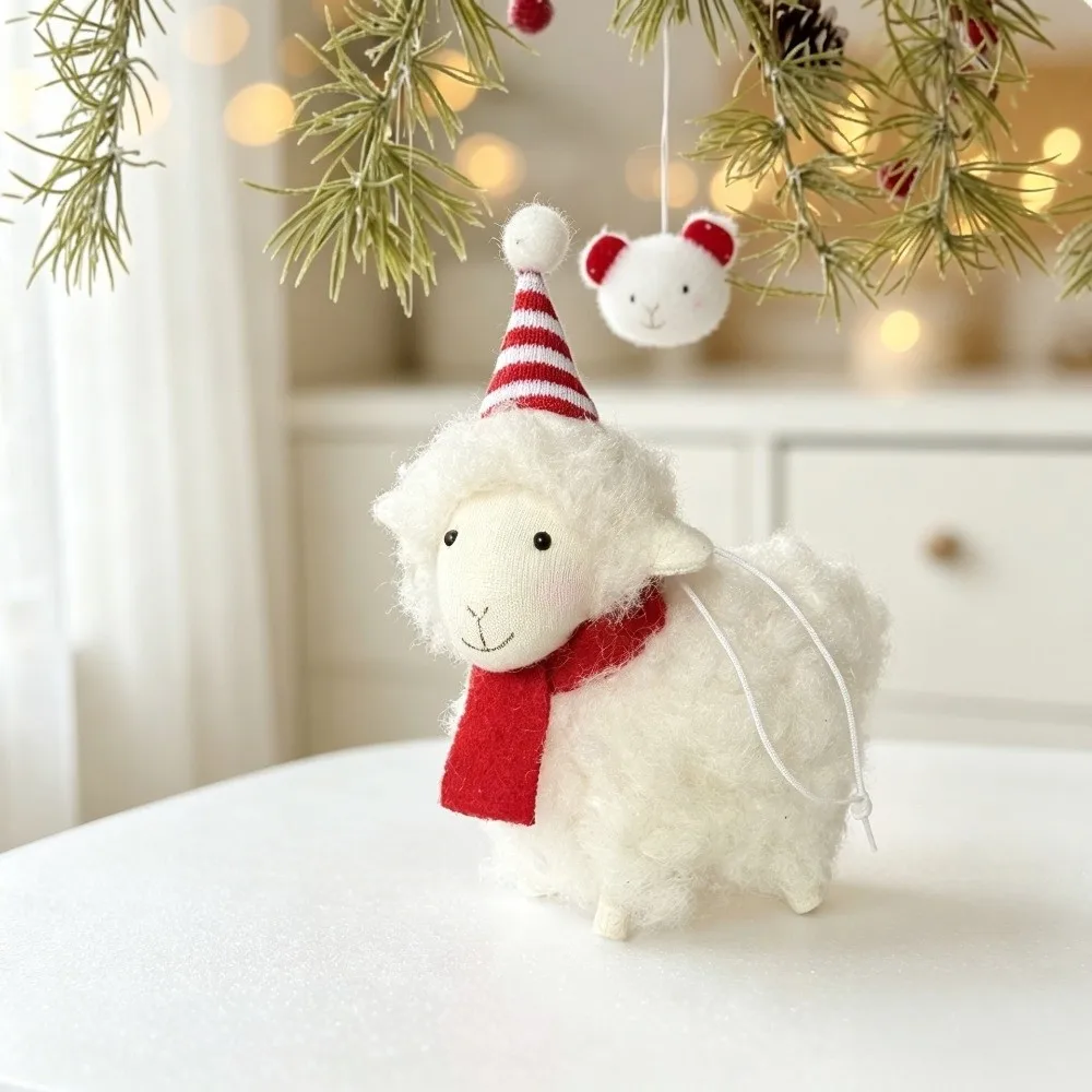 Mini Creative Sheep Scarf Hat Curly Fur Little Lamb Hanging Pendant Cute New Year Xmas Decoration Party Decor