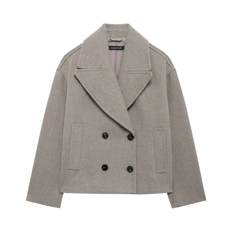 Abrigo Corto de Mujer, Estilo Casual para Otoño e Invierno, Cuello de Lana, Manga Larga, Doble Botonadura, 00% Otro Material