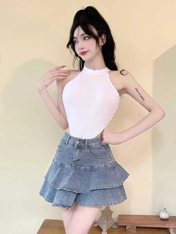 

2026 New Women's Denim Vest Ne Hanging Skirt Set Summer Design Sensation Spicy Girl One-Piece Suit Polyester Fiber