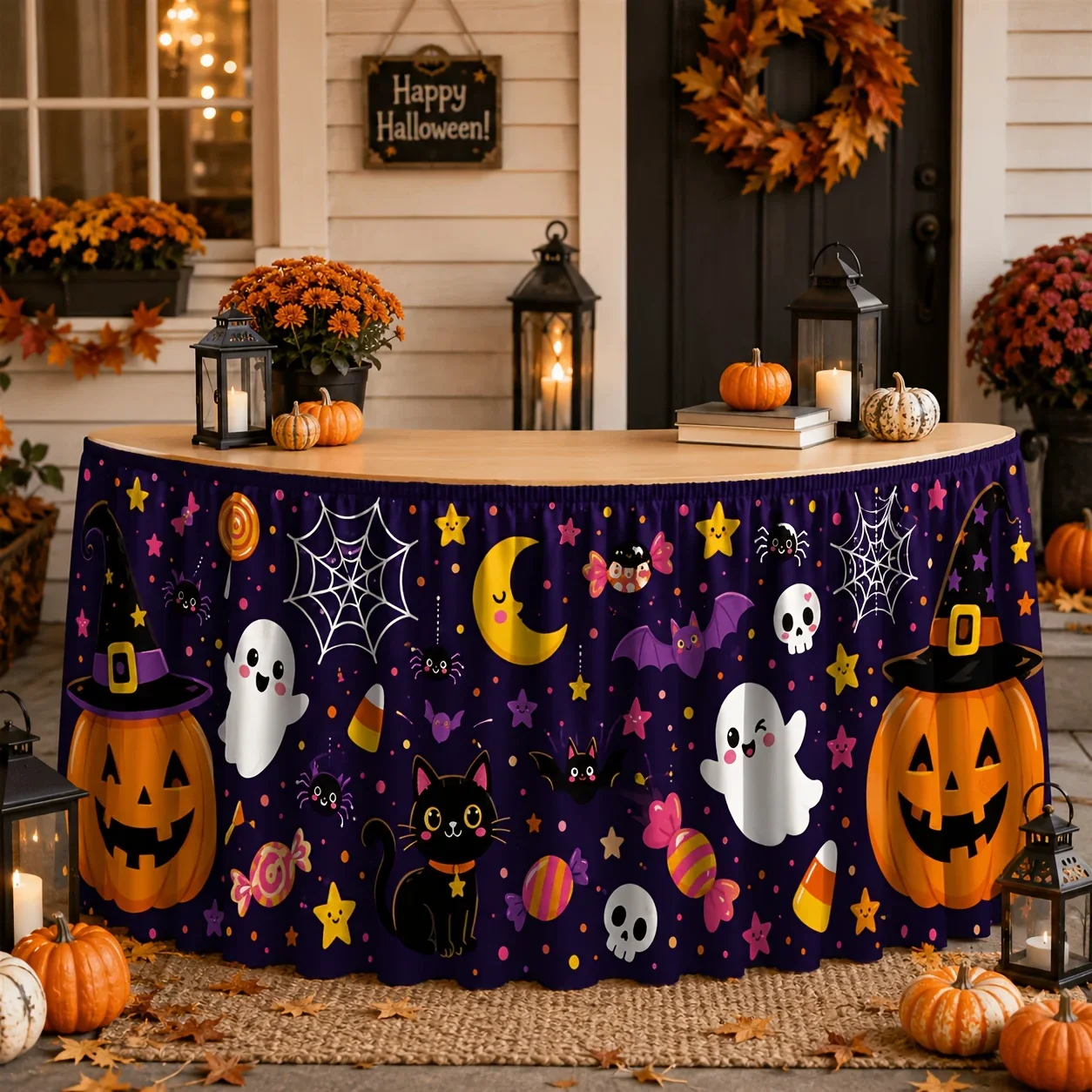 1 piece of party dress, cute dwarf Halloween table skirt pattern, dwarfs, pumpkins. Halloween party decoration