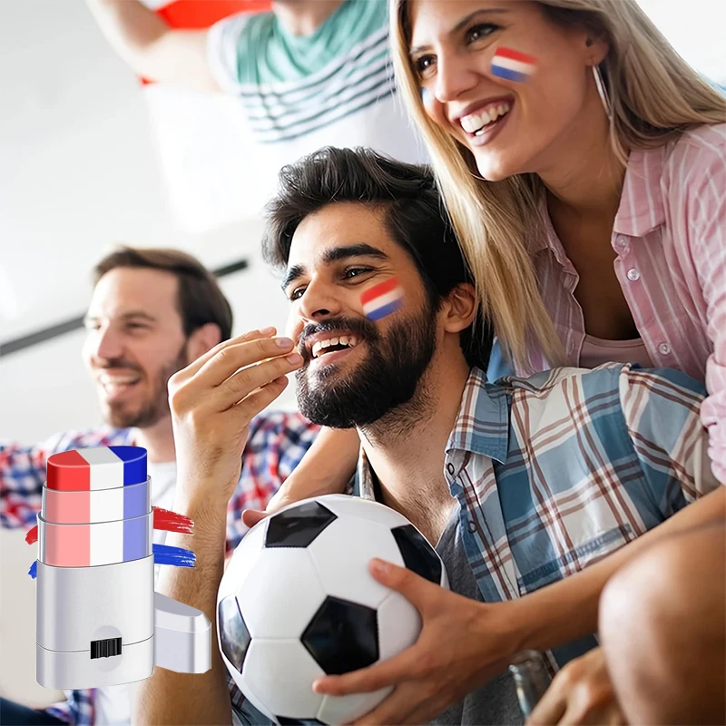 عصا طلاء الوجه باللون الأحمر والأبيض والأزرق القابلة للتعديل، فرشاة مروحة كرة القدم المخططة، طلاء الوجه والجسم، لعبة كرة القدم، ديكور التشجيع