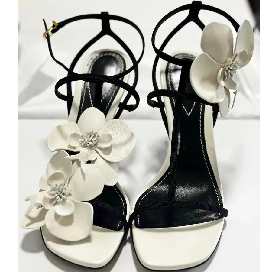 Luxury Designer Flower Heeled Sandals Women Summer Ankle Wrap Metal Buckles Thin High Heels Elegant Women Pumps Zapatos De Mujer - view 4