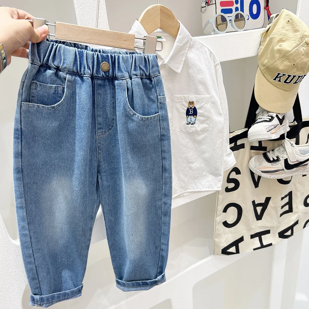 Spring Autumn Kid Boys Denim Pants Sticker Patched Letter Pockets Children Boys Jeans Loose Exterior Stylish Students Boys Pants