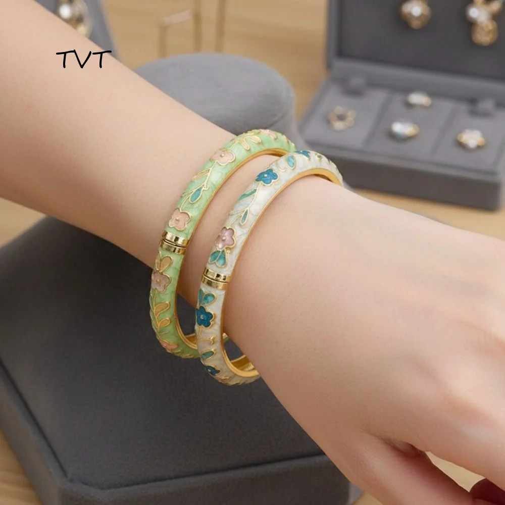 Zinc Alloy Cloisonne Bracelet Rustic Style Flower Pattern Women Bangle Drip Oil Process Vintage Blossom Enamel Bracelet Girl