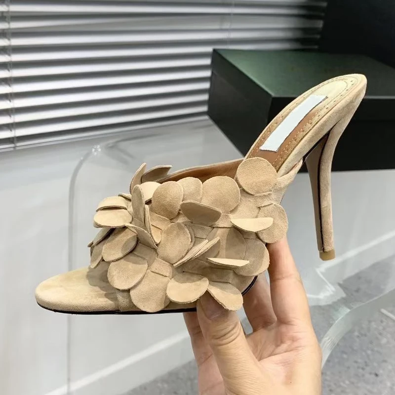 Suede Leather Petals Decor Ladies Slippers Slip on Open Toe Thin High Heel Women Summer Elegant Party Banquet Dress Shoes Newest