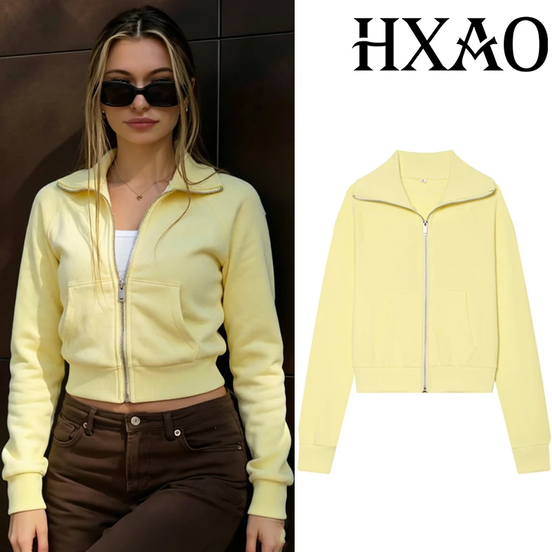 

HXAO Women's Sweatshirt Jackets Demi-Season Long Sleeve Yellow Jacket Fitted Zip Up Woman's Sports Jacket Fleece Black Jacket