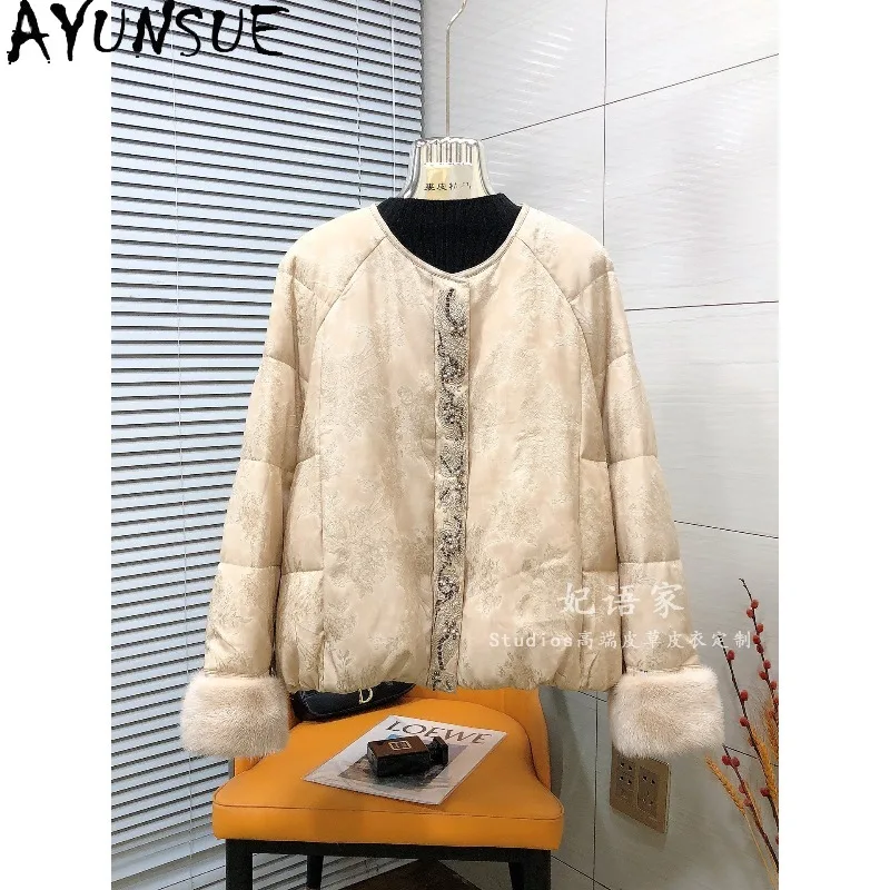AYUNSUE Down Jackets for Woman Chinese Style O-neck Women Winter Coat Detachable Mink Fur Cuffs Jacket Woman Clothes Ropa Mujer