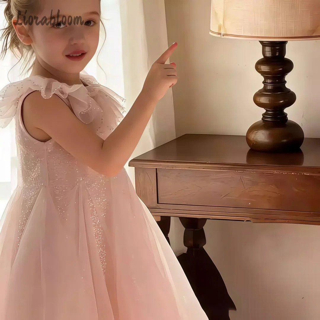 Abito in Tulle Rosa per Bambine con Colletto in Pizzo, Vestito da Cerimonia per Damigelle, Abito Formale Stile Principessa, Elegante Vestito Corto