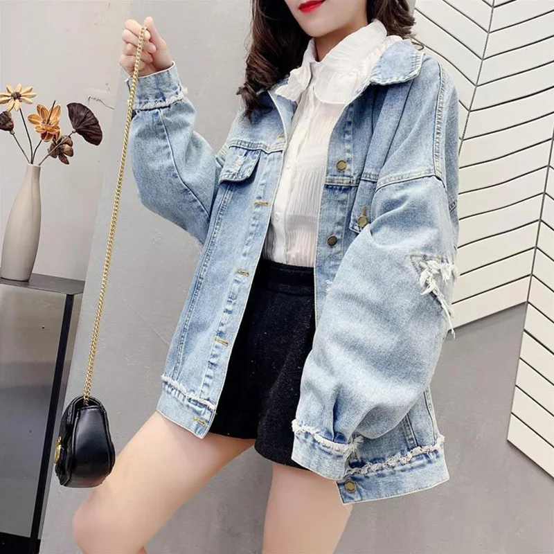 2023 New BF Style Casual Loose Fall Denim Wash FrayedCoat Women Long Slleve Jean Jacket Denim Jackets Soild Oversize Outerwear