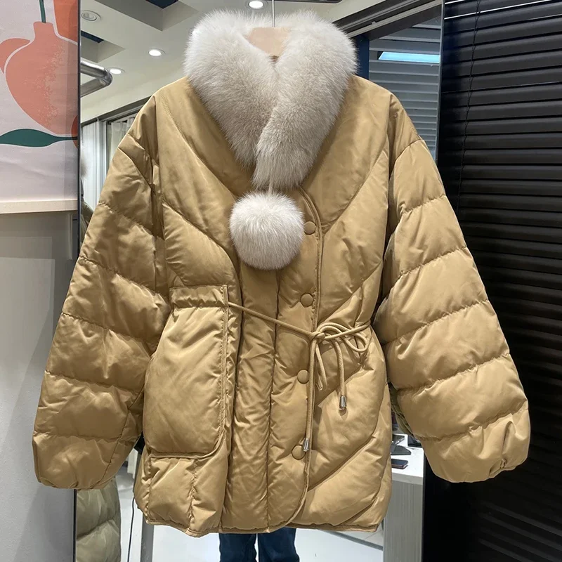 المرأة الأبيض بطة أسفل الرباط أبلى الشتاء منتصف طول كبير الفراء طوق وشاح أسفل سترة الإناث الدانتيل يصل باركر مبطن سترة