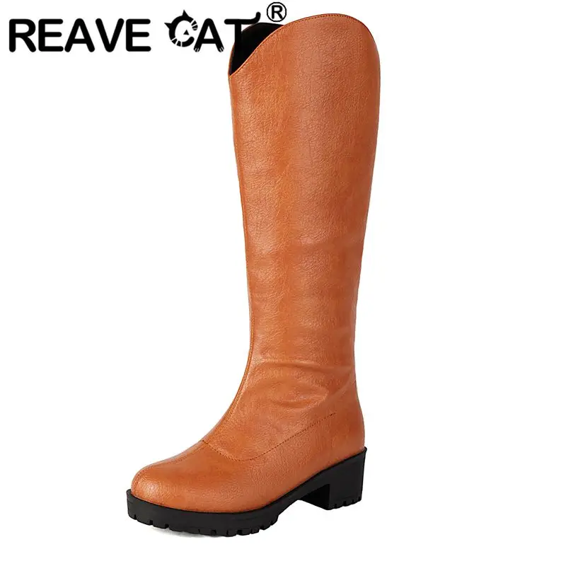 

REAVE CAT 2025 Модные женские сапоги до колена с круглым носком на массивном каблуке 4,5 см на молнии размера плюс 42, 43, 44, 45, 46 Обувь для верховой езды