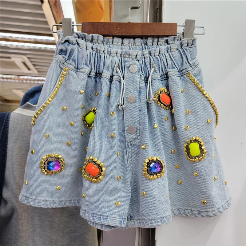 

2023 Summer New Luxury Diamond Beads High Waist Wide Leg Denim Shorts Women's Blue Jeans Female