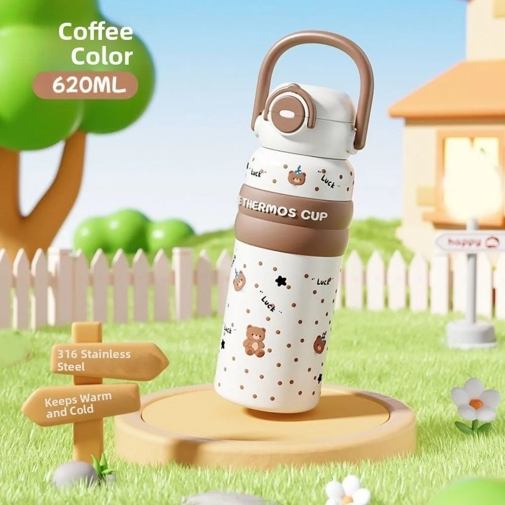 كوب معزول مزدوج للمشروبات بسعة كبيرة مع مقبض كوب بقشة كرتوني مانع للتسرب 620 مللي زجاجة معزولة بالفراغ