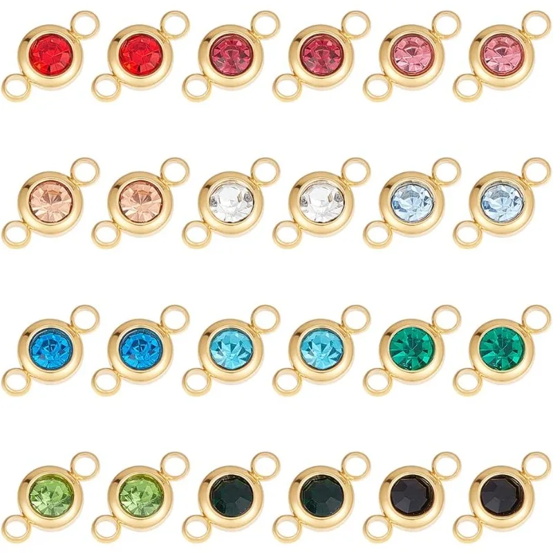 24Pcs 12 Color 304 Stainless Steel Golden Rhinestone Connector Charm Flat Round Links Charms Double Loop Ring Charm Necklace