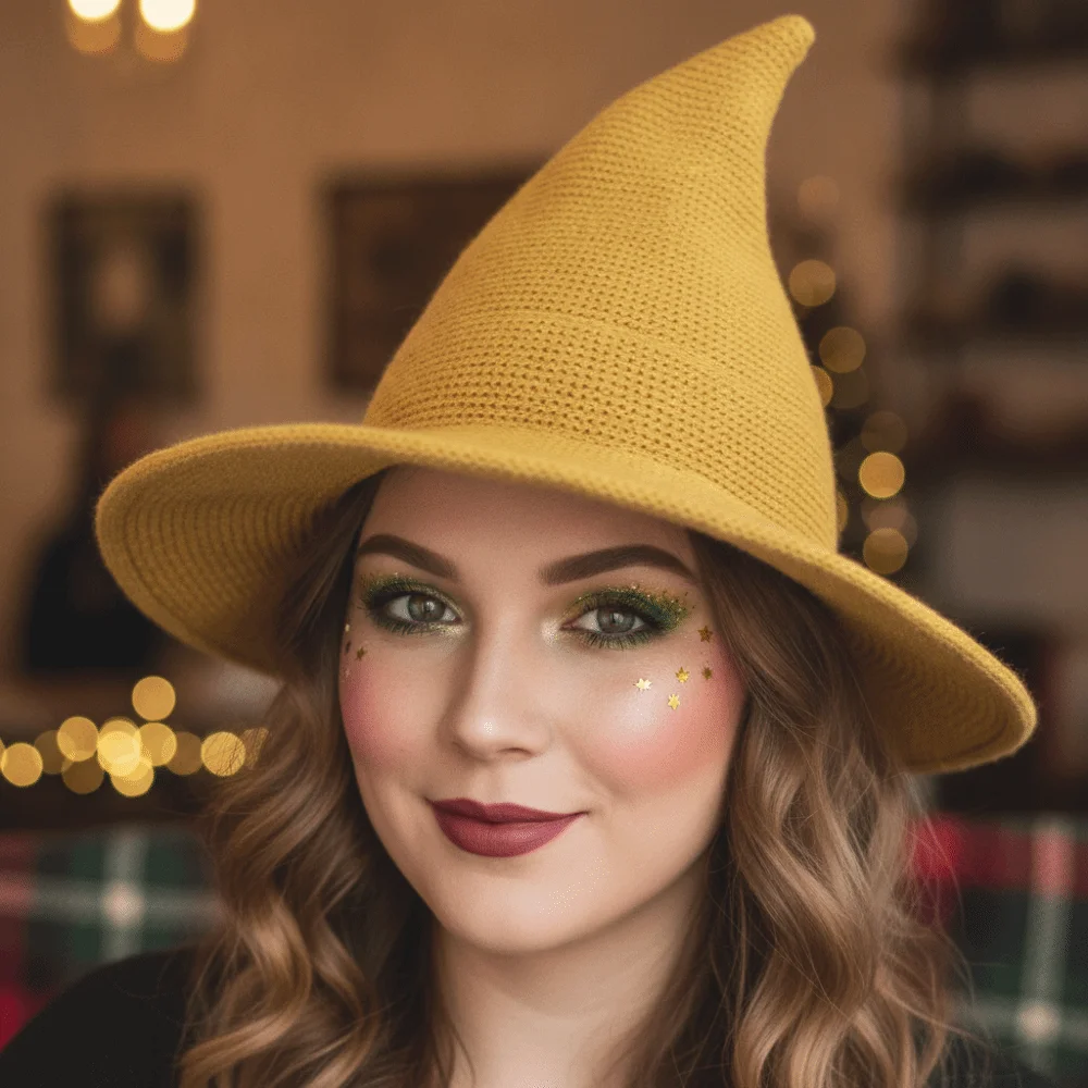 Cosplay Headpiece Knitted Witch Hat Pointed Top Solid Color Wizard Cap Wide Brim Flexible Shape Pointed Bonnet Costume Cosplay