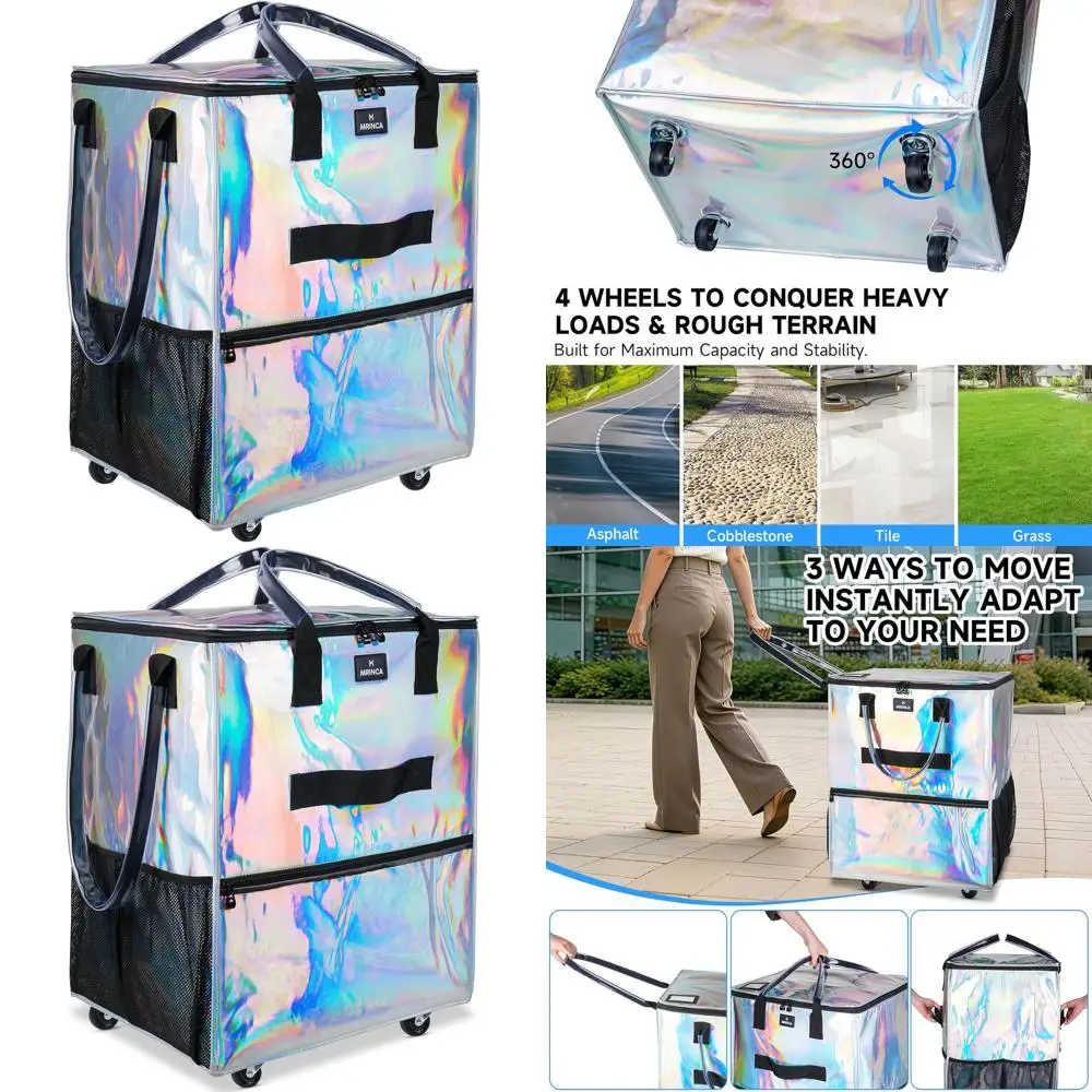 

Collapsible Trolley Bag with Wheels, Water-Resistant, 6 Pockets, 3-Way Carry for Outdoor Adventures