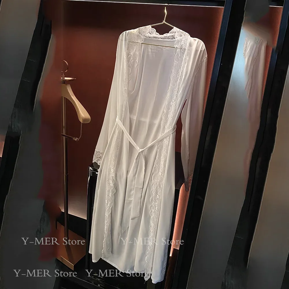 

Women Satin Kimono Long Wedding Bridal Bathrobe Loose Peignior Spring Autumn New Intimate Lingerie Big Lace Flower Nightie Wear