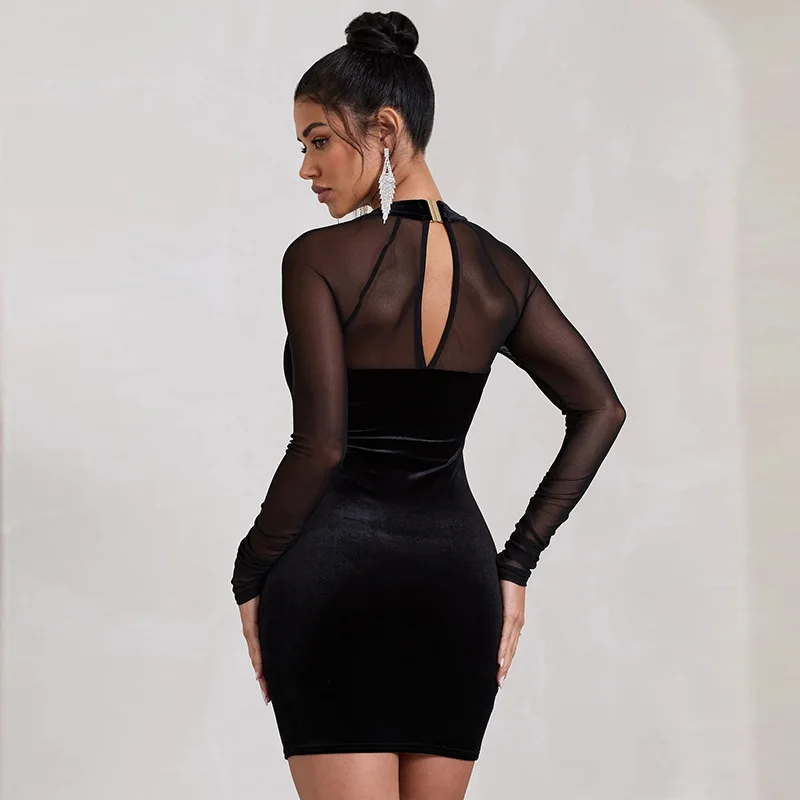 SKMY abbigliamento donna New Mesh Patchwork abito in velluto a maniche lunghe Sexy colletto quadrato Slim Fit Wrapped Hip abito nero tinta unita