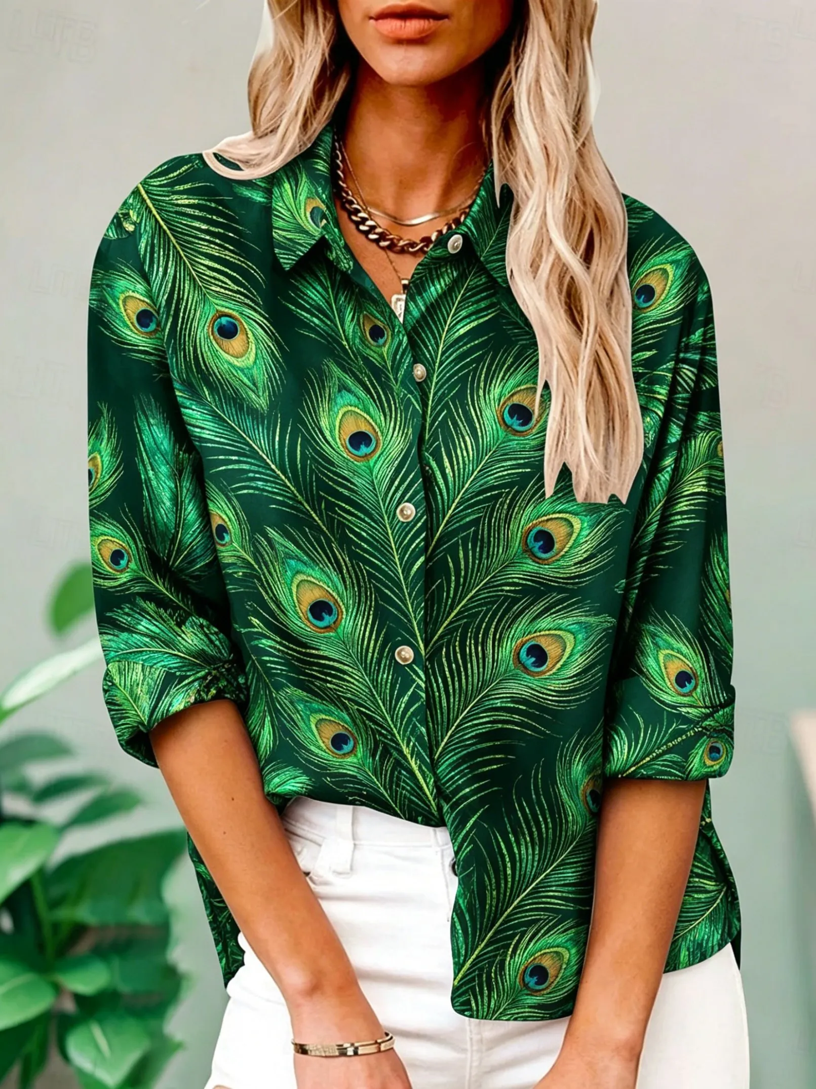 

Women's Long Sleeve Peacock Feather Print Button Down Casual Shirt Elegant Daily Blouse Tops in Green for Spring Summer