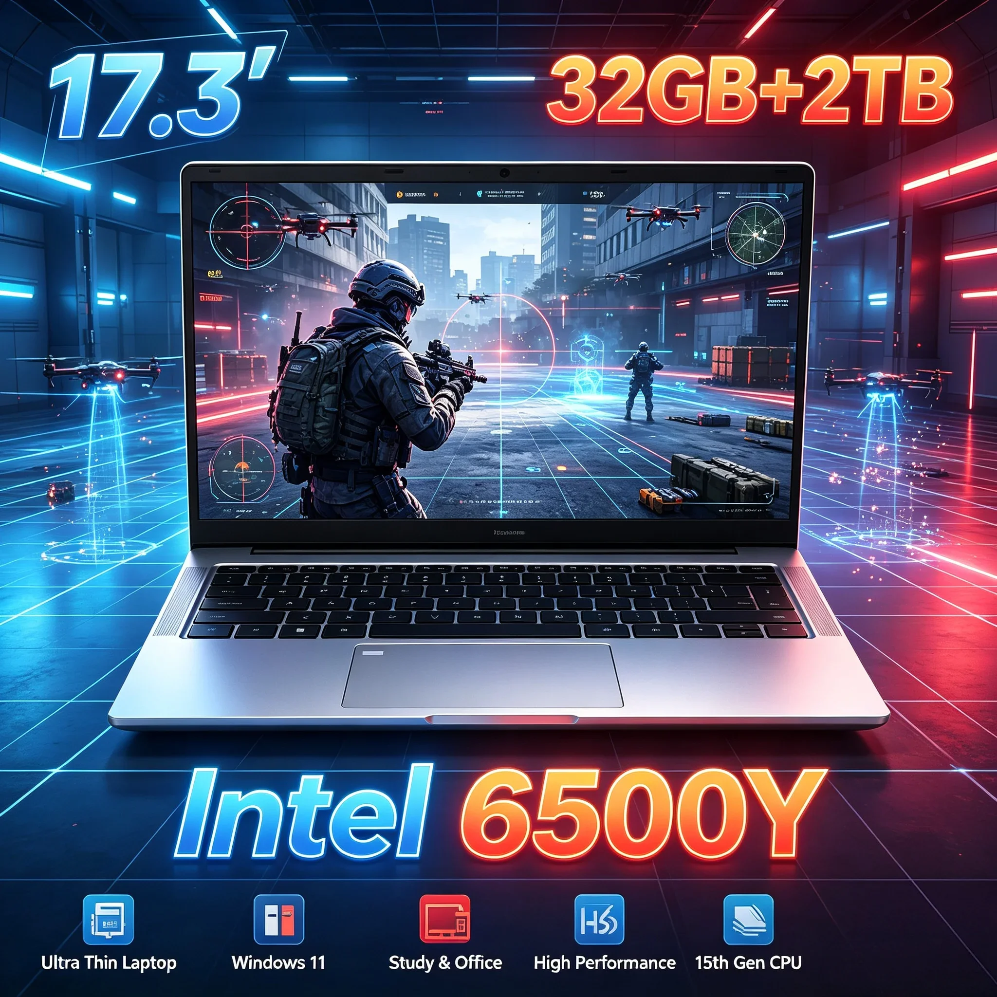 17.3'' Inch HD Portable Notebook PC Intel 6500Y 32GB RAM 1TB/2TB SSD Windows11 WiFi6 BT5.2 Laptop For Daily Office Home Study