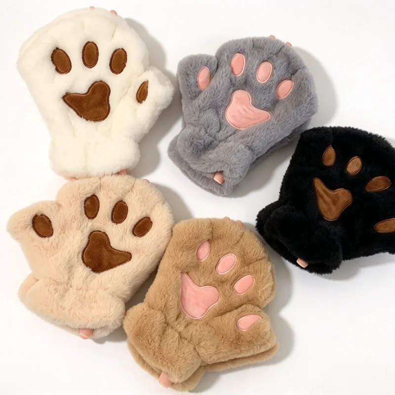 Lovely Plush Cat Claw Paw Gloves Plush Mittens Warm Soft Plush Short Fingerless Fluffy Bear Gloves Costume Half Finger Gloves