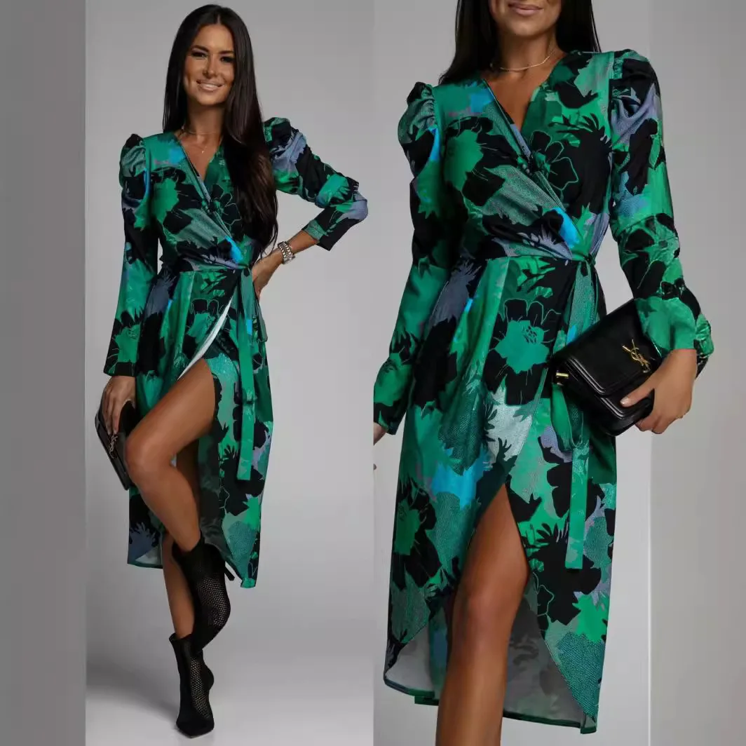 Women Floral Print Midi Dresses For 2024 Summer Vacation Beach Boho Sexy V Neck Lace Up Front Split Shirt Green Dresses Robes