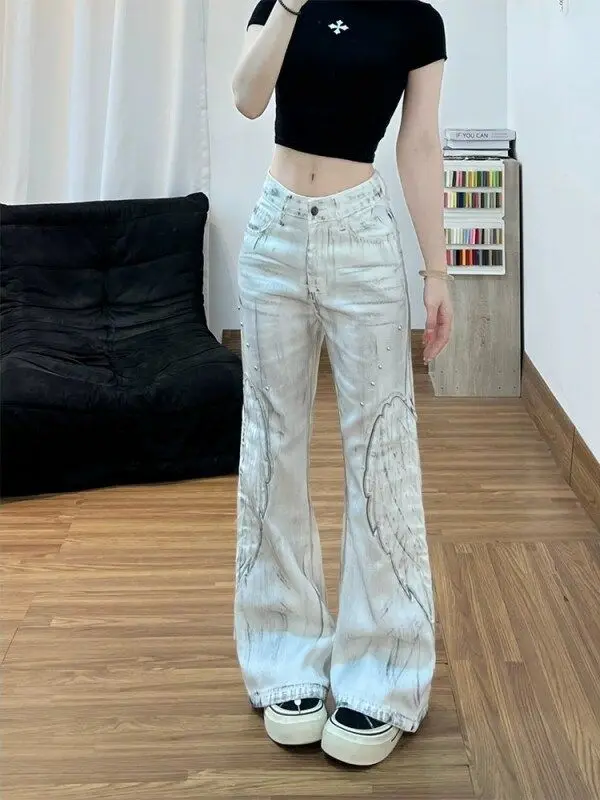 American retro wing applique jeans new autumn style stylish punk fit slimming and flattering wide-leg pants Punk High Street Y2K