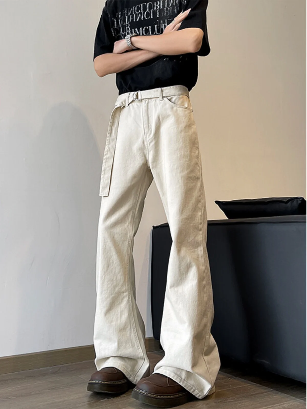 

Adjustable Waist Belt Jeans Men's Sle Flared Straight Leg Workwear Pants Cleanfit Curved Blade Trousers Denim