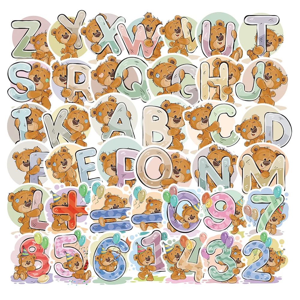 39Pcs Cute Bear Letter Number Stickers Self-Adhesive A-Z Alphabet Letters 1-9 Number Sticker for Room Luggage Kids Toys Gift