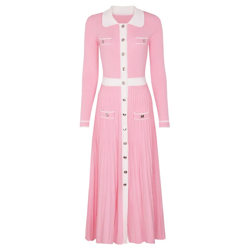 

Women Knitted Cotton Turn-Down Collar Dress Long Lady's Dress