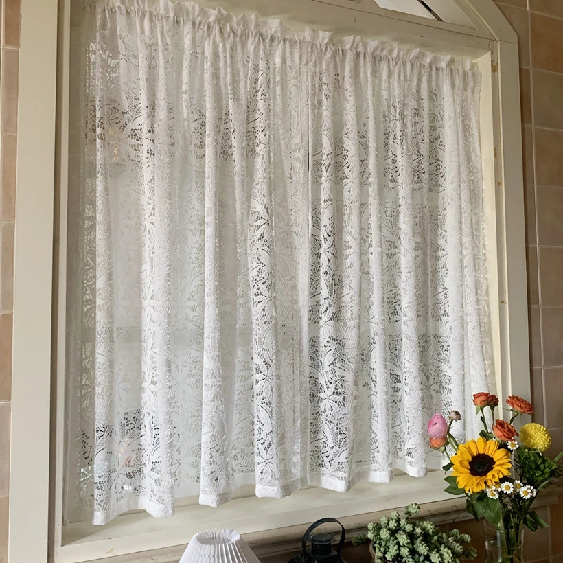 2PC White Lace Jacquard Tulle Short Curtains for Kitchen Cupboard Half Curtain Coffee Door Drapes Decor