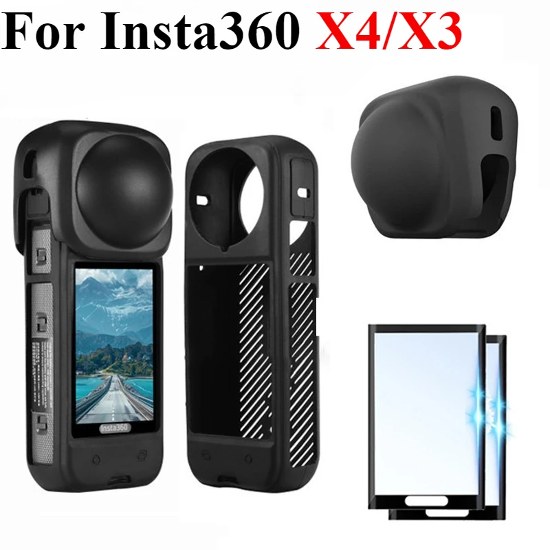 Accessoires pour caméra Insta360 X4 X3 + Film de protection d'écran + Étui en silicone noir pour objectif + Housse de protection pour Insta360 X4 X3