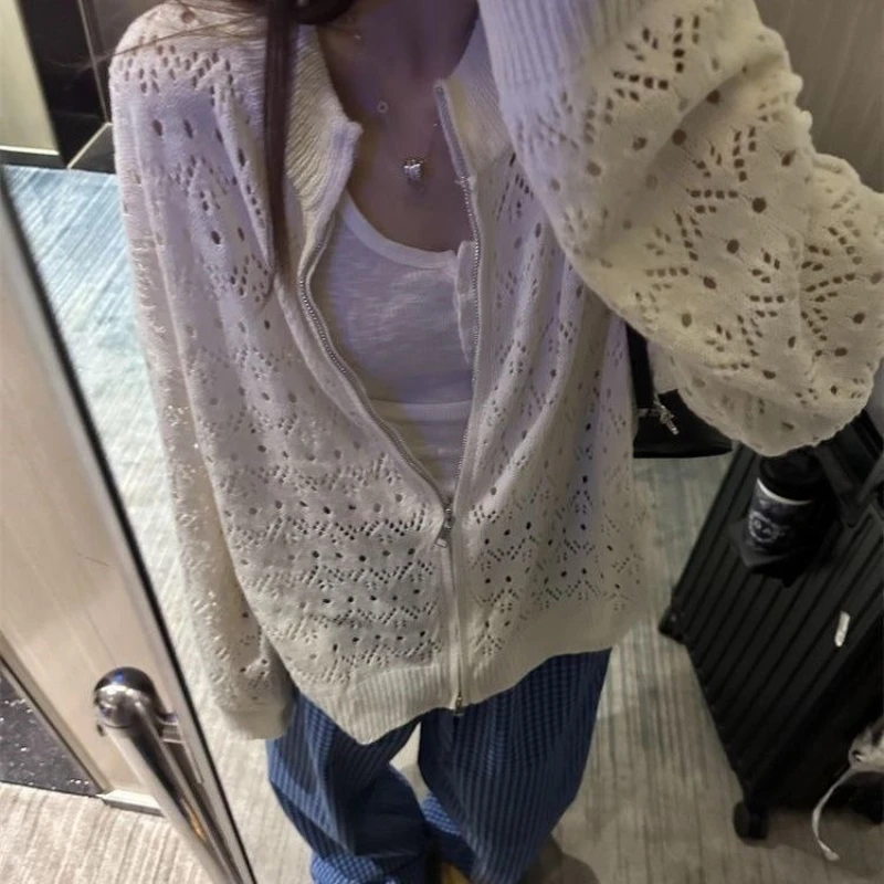 Spring and Summer Design Sense Hollow Crochet Double Zipper Sunscreen Blouse Jacket Loose and Thin White Knitted Cardigan Top