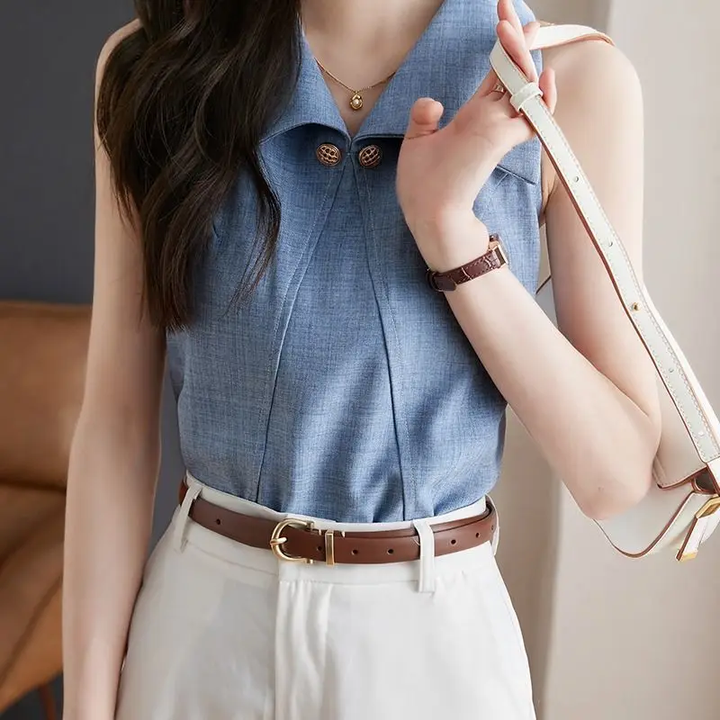 New Summer Office Lady Turn Down Collar Sleeveless Vest Tops High End French Spliced Women Shirts Y2k All Match Casual Camis