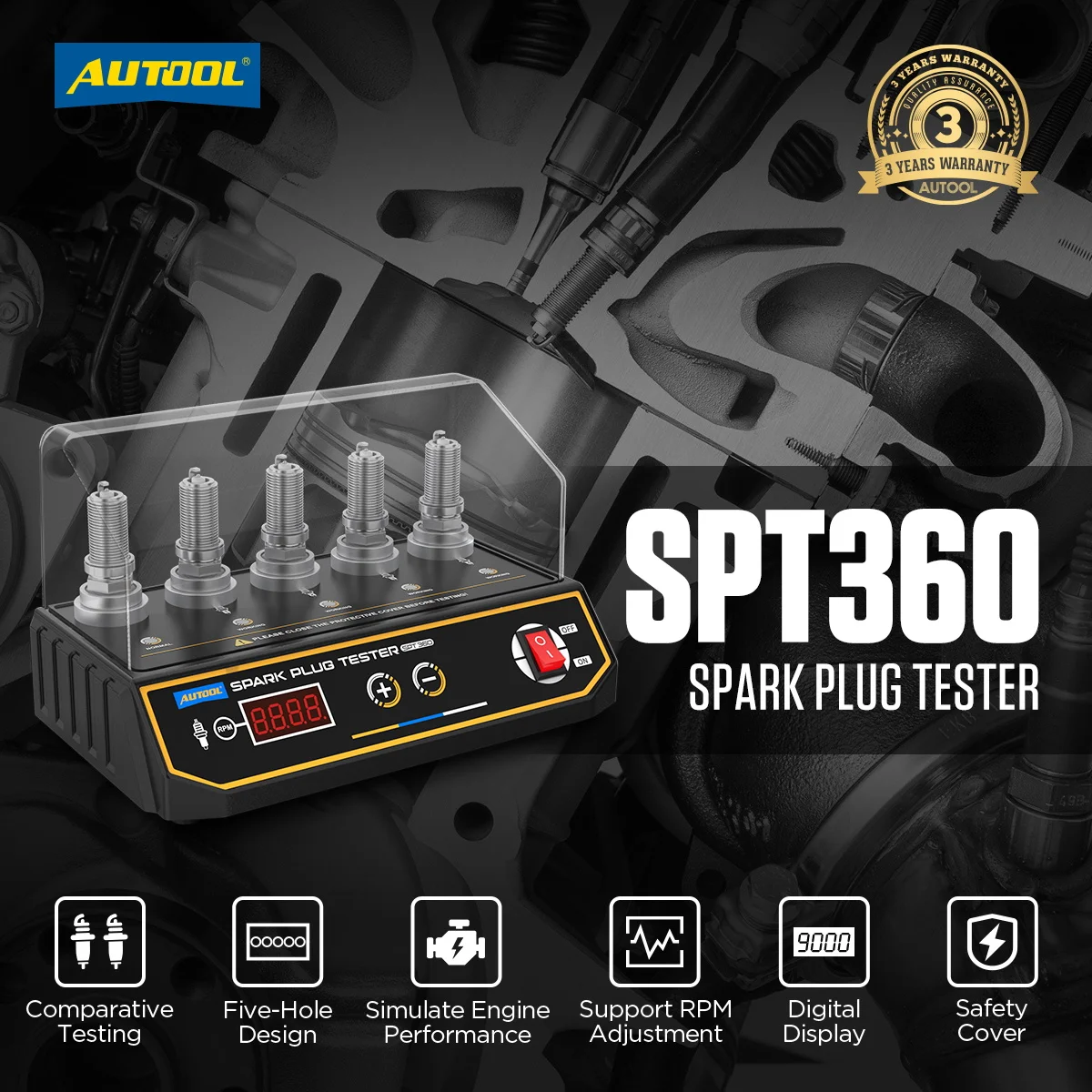 

Hot Sales Autool SPT360 110V 220V 5 Plug Hole LCD Display Adjustable Comparison Test Car Spark Plug Tester