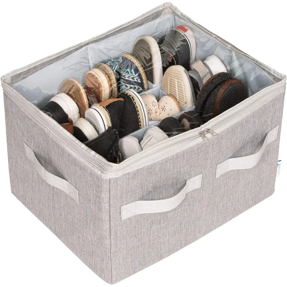 

Medium Grey Shoe Organizer with Clear Lid and Adjustable Shelves for 16 Pairs of Shoes, Accessories, and More