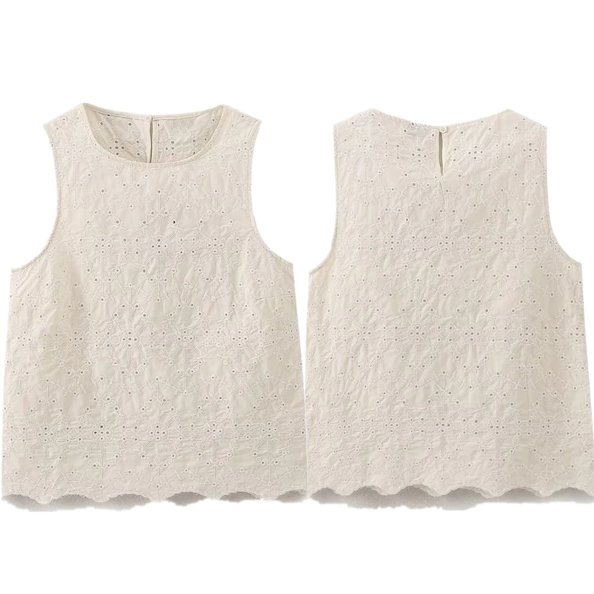 Jenny&Dave Minimally Embroidered Hollowed Blouse Women Beige Tank Top Summer Blusas Out Sleeveless Shirt Women