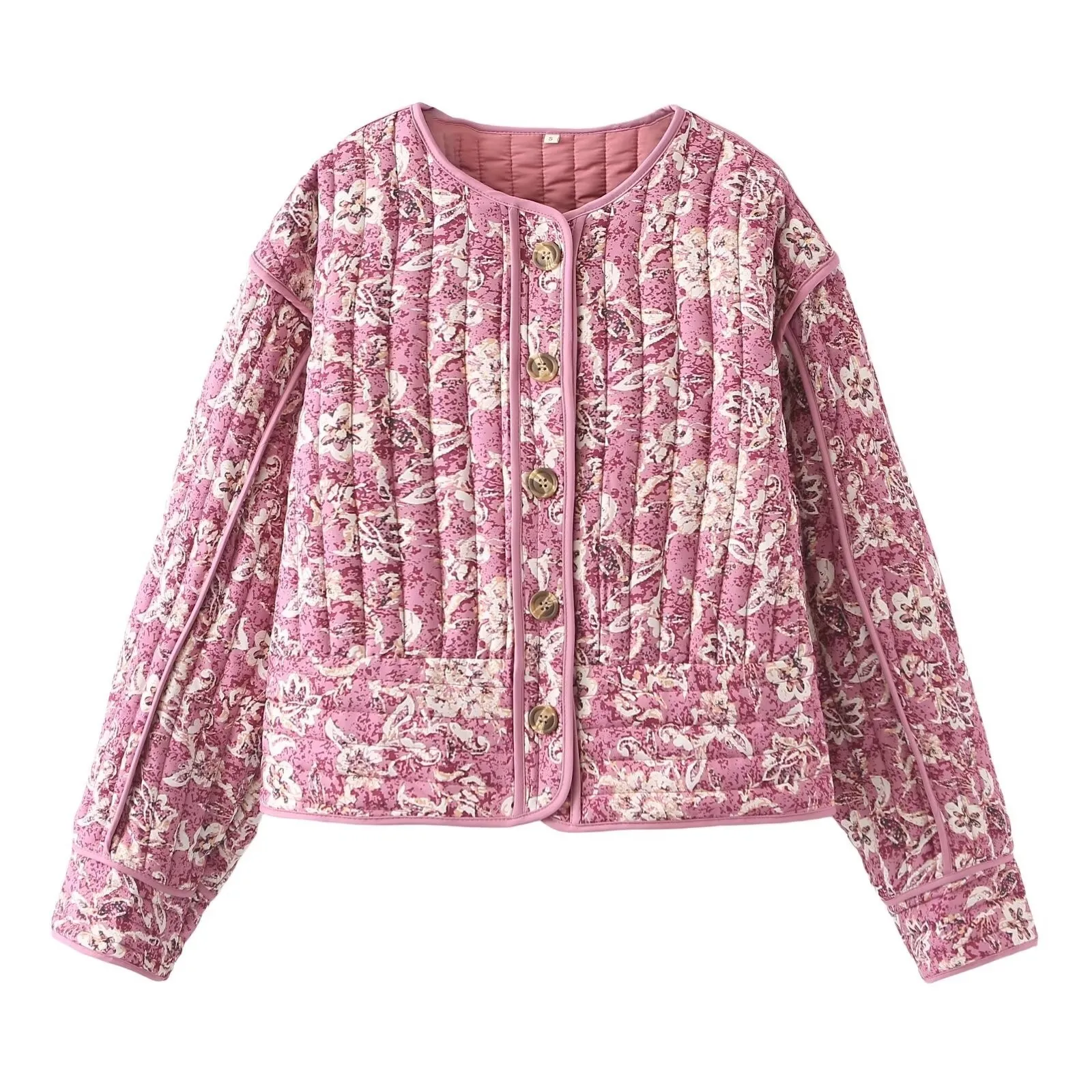 Printed Round Neck Coat with Floral Pattern Regular Length European and American Style Single Breasted Spring Coat for Women