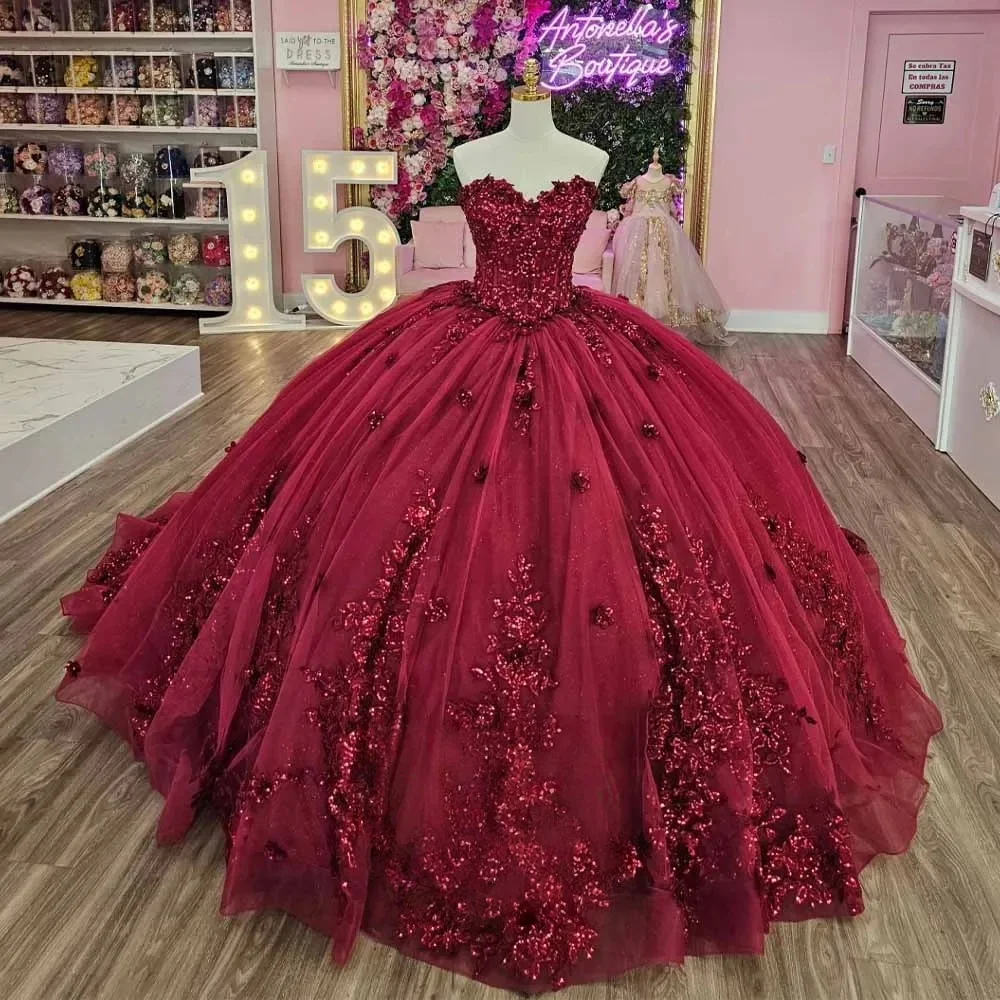 Vestidos de Quinceañera Borgoña Estilo Charro, Vestido de Gala con Escote Corazón y Aplicaciones, Vestidos Mexicanos para Fiesta de 15 Años, Personalizados