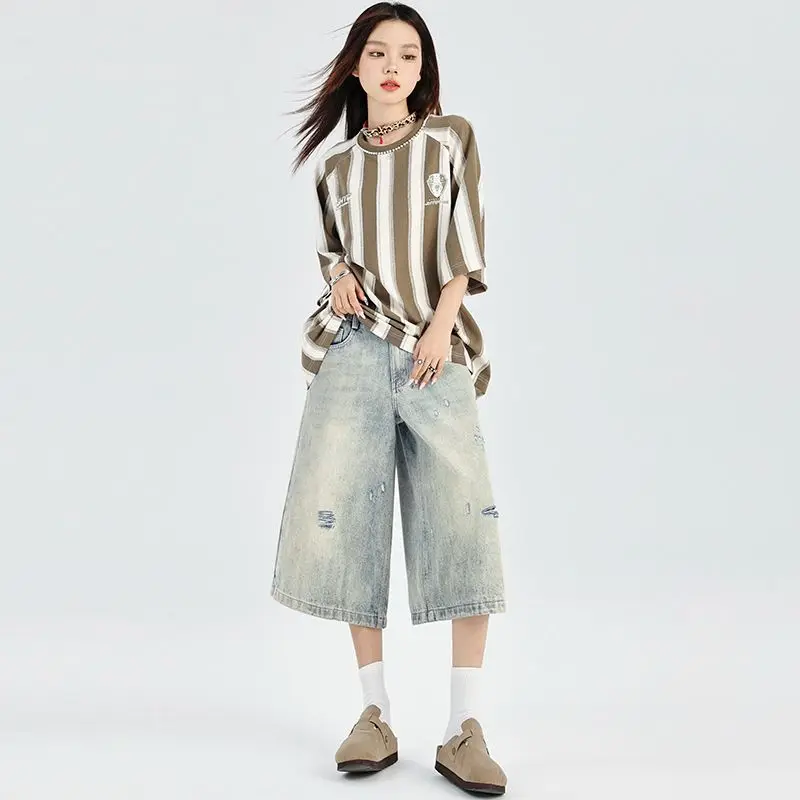 Y2k Fashion Denim Shorts Women Summer High Waisted Wash Baggy Jeans Wide Leg Frayed Short Cropped Pants