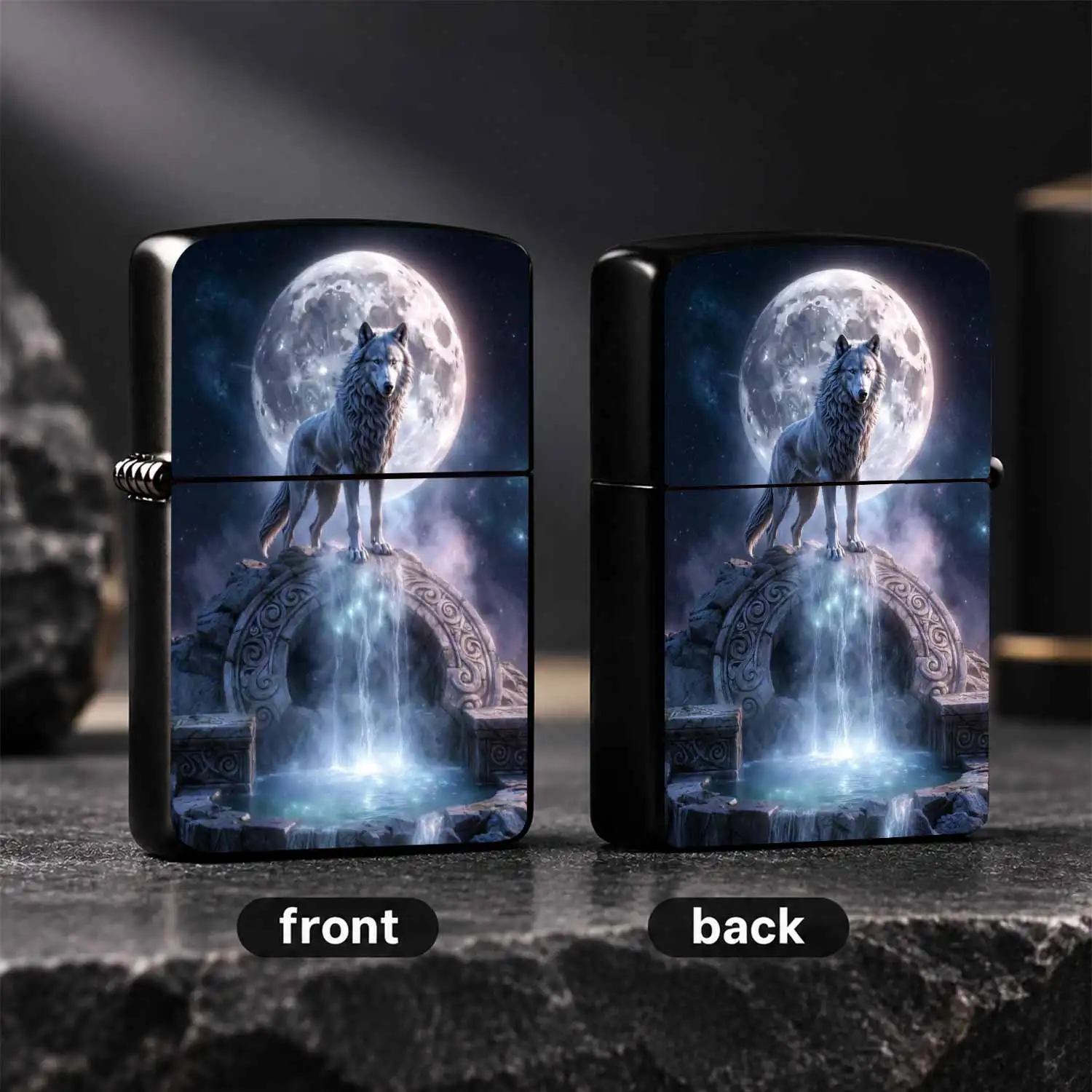 Mystical Full Moon White Wolf Lighter, Exquisite AncientPatternArch Glowing Waterfall Design, Starry Nebula Background Art Piece, Ideal For All Scenarios Daily Carry, Gorgeous Decorative Practica A Humorous And Interesting Lighter