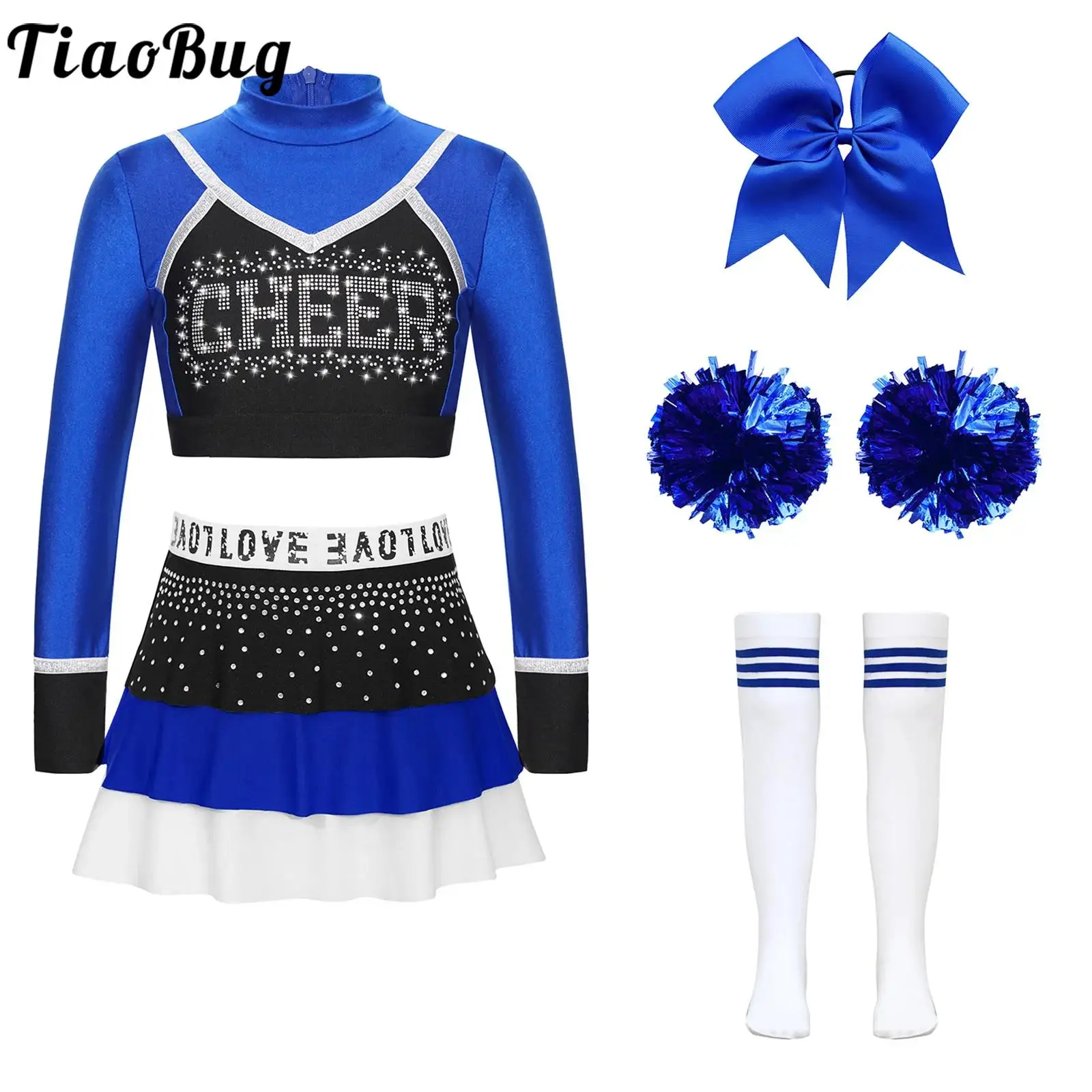 

Girls Cheerleading Outfit Rhinestone Long Sleeve Crop Top and Tiered Ruffled Skirt Flower Balls and Socks Cheerleaders Dance Set